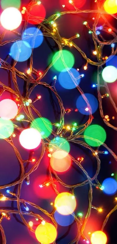 Vibrant multicolored string lights creating a festive, warm mobile wallpaper.