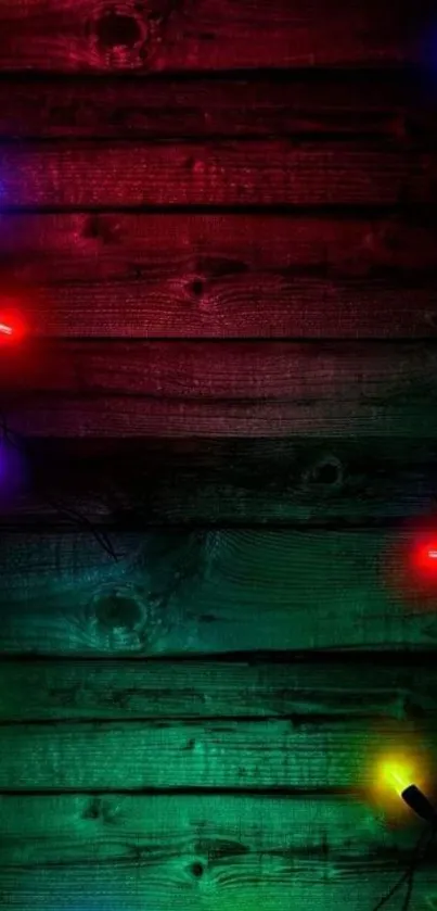 Festive colorful lights on dark wood wallpaper.