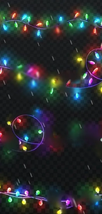 Colorful string lights on black background mobile wallpaper.