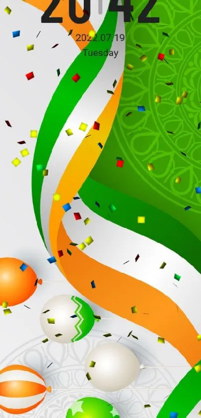 Festive tricolor wallpaper with green, orange, and white ribbons.