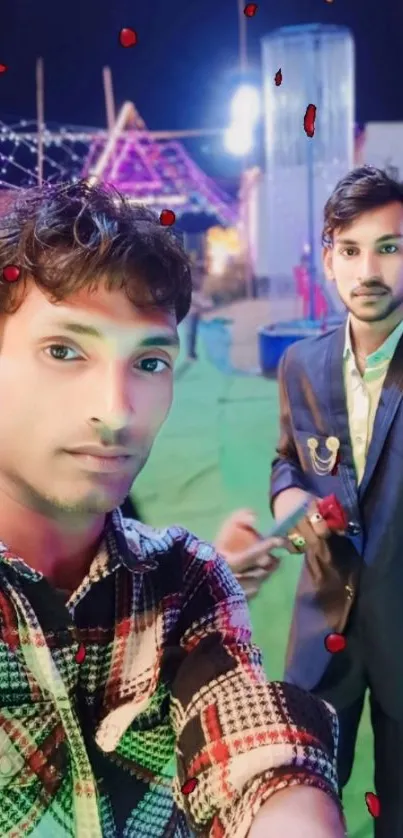 Two friends at a vibrant festive event with colorful lights.