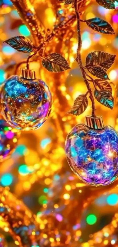 Colorful holiday ornaments on golden branches in a festive display.