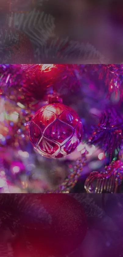 A vibrant purple Christmas ornament on a decorated festive tree.