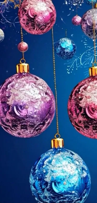 Colorful Christmas ornaments on dark blue background.