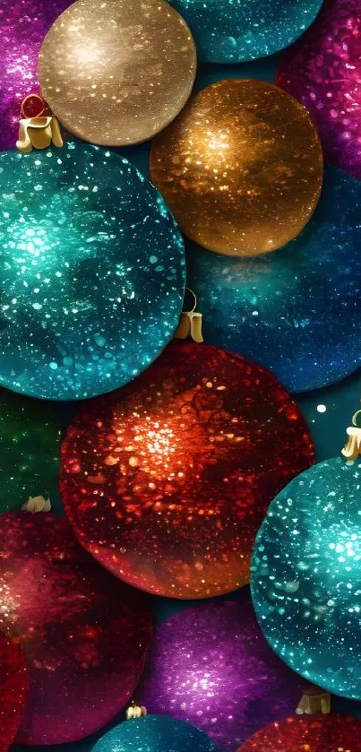 Colorful Christmas ornaments on wallpaper