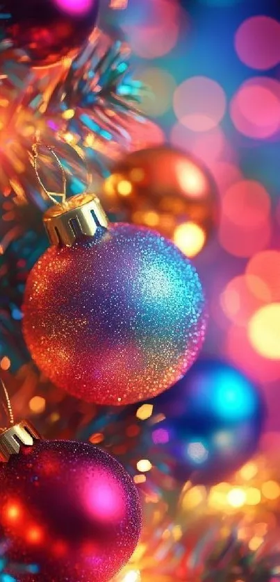 Colorful Christmas ornaments with festive lights.