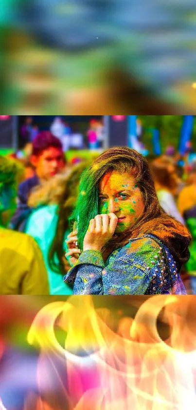 A vibrant festival scene with colorful crowds.