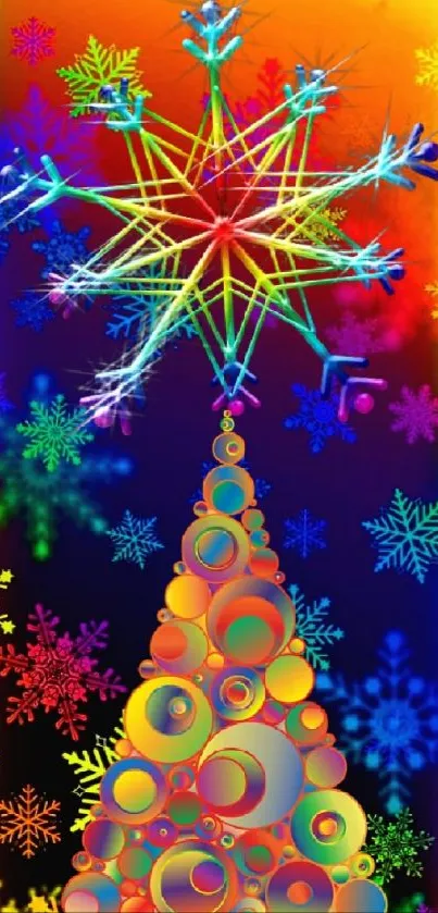 Vibrant Christmas tree and snowflake wallpaper with a colorful design.