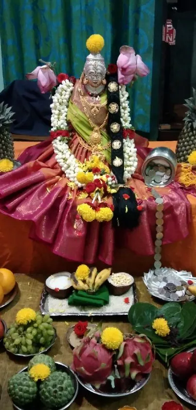 Vibrant and colorful shrine with fruits and flowers.