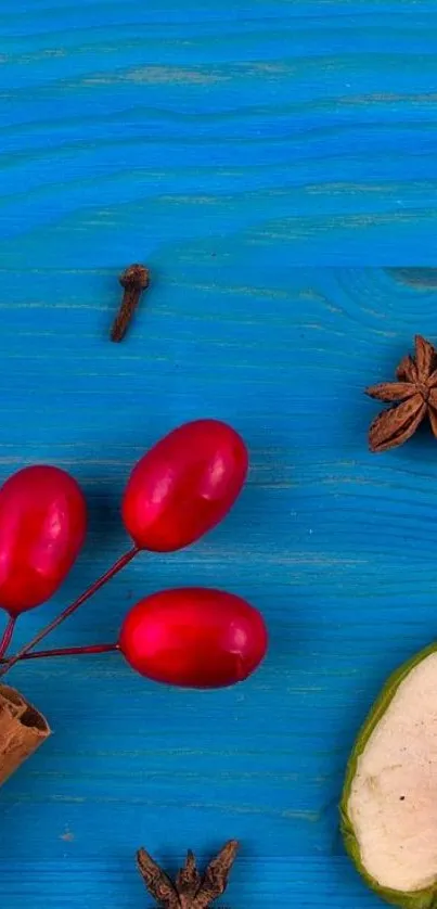 Colorful wallpaper with blue wood, red berries, and fragrant spices.