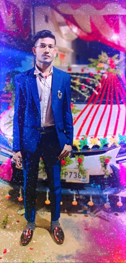 Man in a blue suit in front of a festive, decorated car.