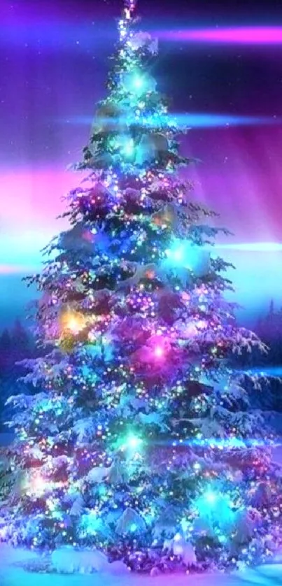 Snowy Christmas tree with colorful lights under the aurora.