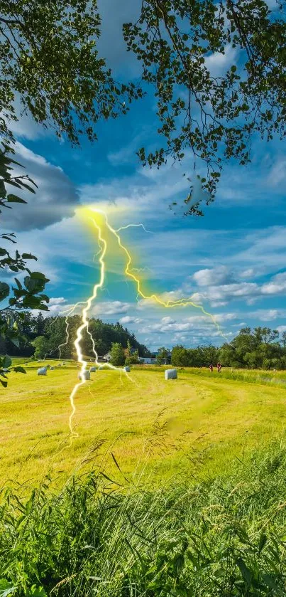 Dynamic lightning strike over a lush green field with a bright blue sky.