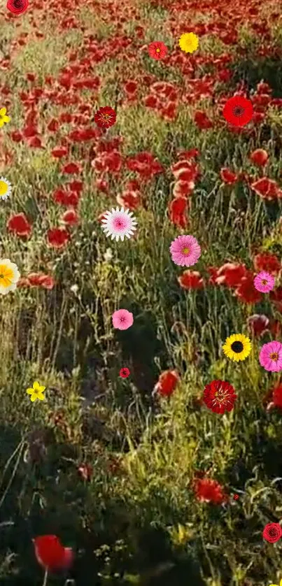 Vibrant field of red flowers with colorful accents on a sunny day.