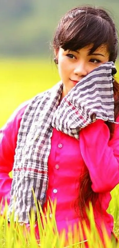 Woman in pink attire surrounded by green fields.