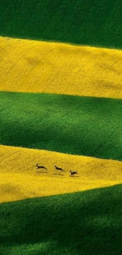 Vibrant field stripes with deer running across green and yellow bands.