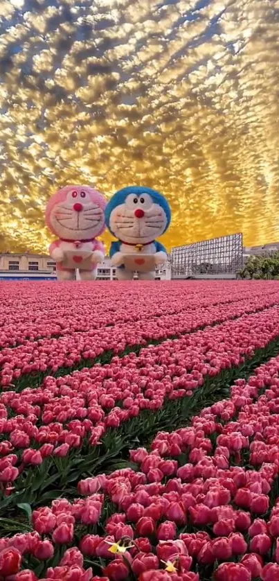 A vibrant tulip field with colorful dolls under a dramatic sky.