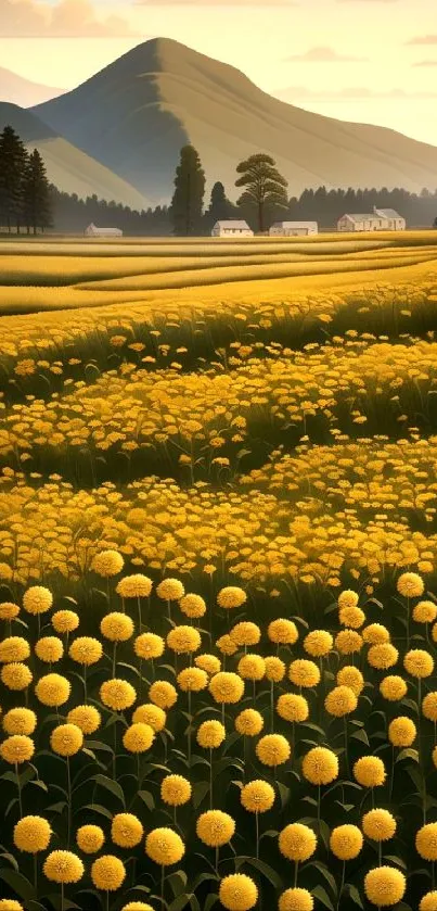 Golden flower field with mountains under a warm, serene sky.