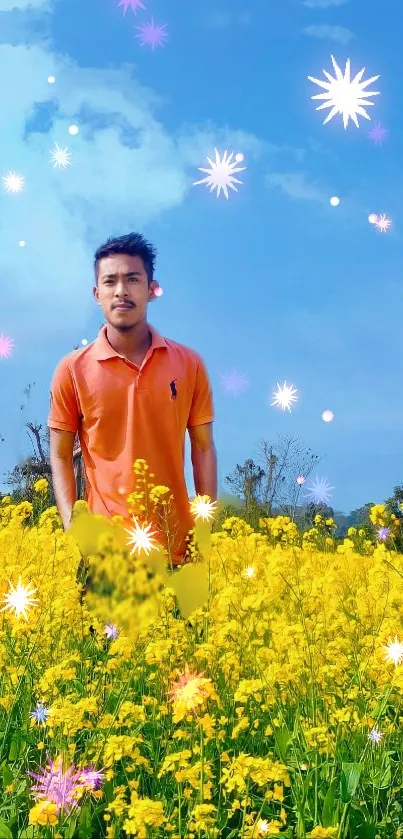 Man in orange shirt in a field with yellow flowers and star shapes in the sky.