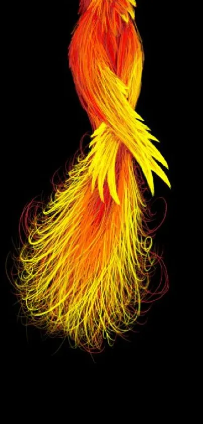 Fiery orange and yellow abstract strands on dark background mobile wallpaper.