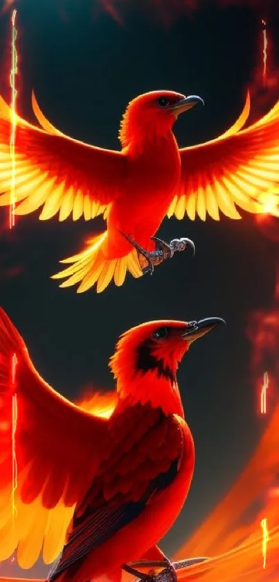 Two stylized fiery birds in vibrant red and orange hues on a dark background.