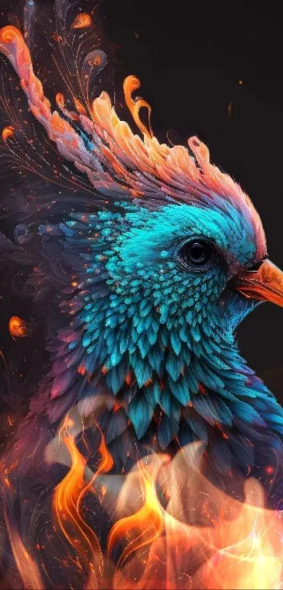 Vibrant bird with fiery plumage on dark background.