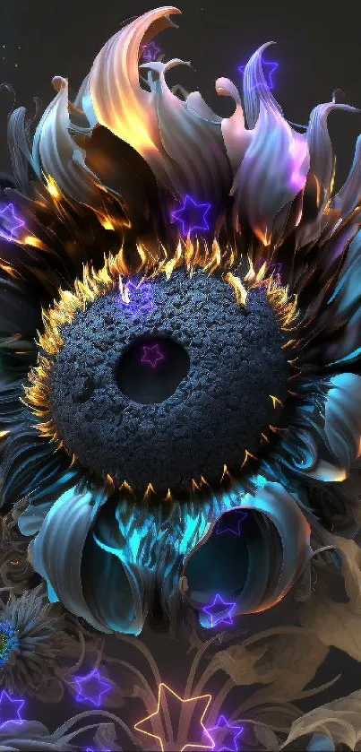 Fiery blue sunflower digital art with vibrant colors.