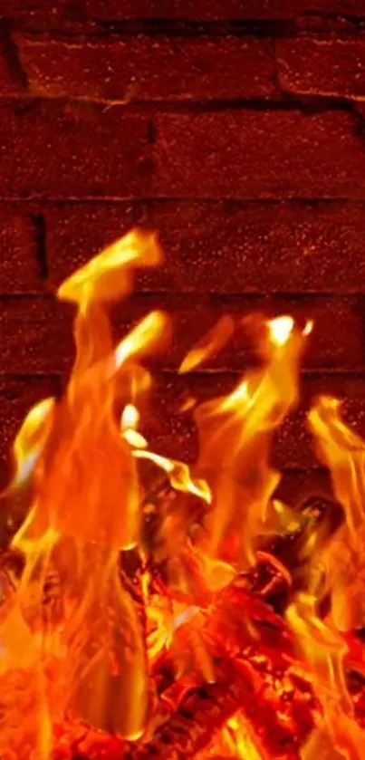 Glowing flames against a rustic brick wall background.