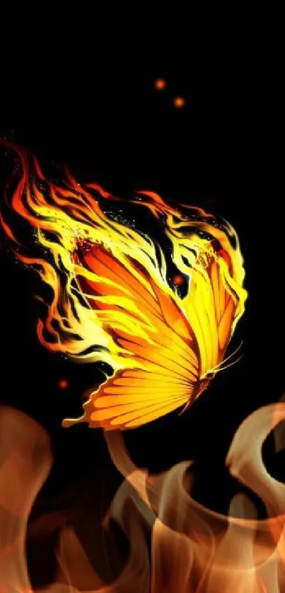 Fiery butterfly with orange flames on black background wallpaper.