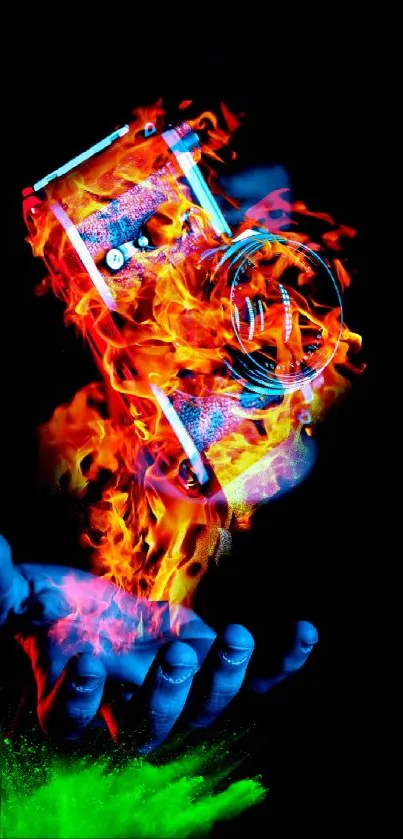 Fiery camera illustration with vibrant flames on a black background.