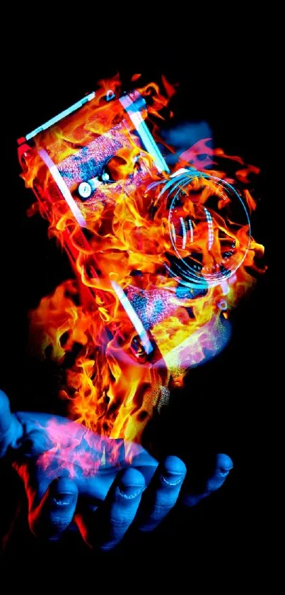 Fiery camera magic in hand, vibrant flames blend digital art creativity.