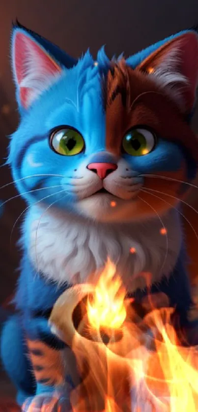 Vibrant blue and orange fantasy cat with fiery accents.