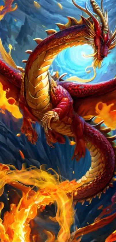 Majestic dragon with fiery flames in a vibrant fantasy design.