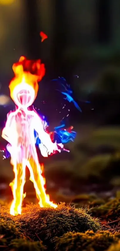Fiery figure glowing in a mystical forest setting.