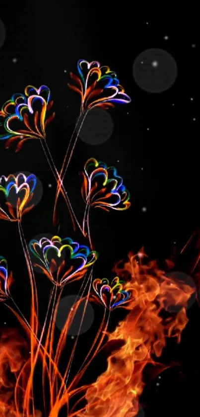 Fiery floral mobile wallpaper with neon flowers on dark background.