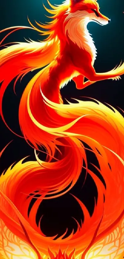 Vibrant fox with fiery tail on a dark background mobile wallpaper.