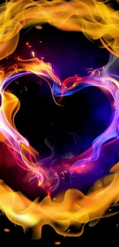 Fiery heart made of orange and blue flames against black background.