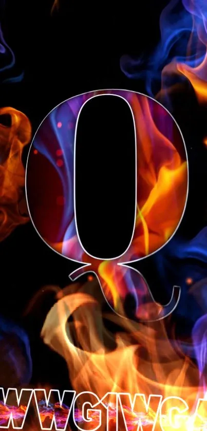 Vibrant flames forming a letter Q on black background.