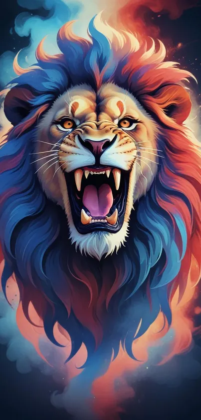 Vibrant and fierce lion artwork with a fiery mane in bold colors.