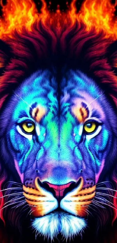 Vibrant lion face with fiery flames, colorful art wallpaper.