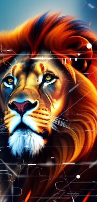 Digital artwork of a fiery lion with vibrant colors.