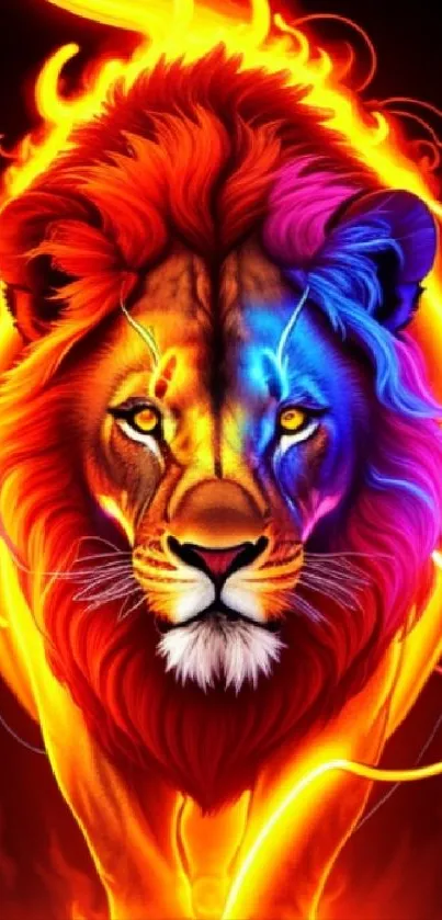 A vibrant fiery lion with vivid colors in a dynamic mobile wallpaper design.