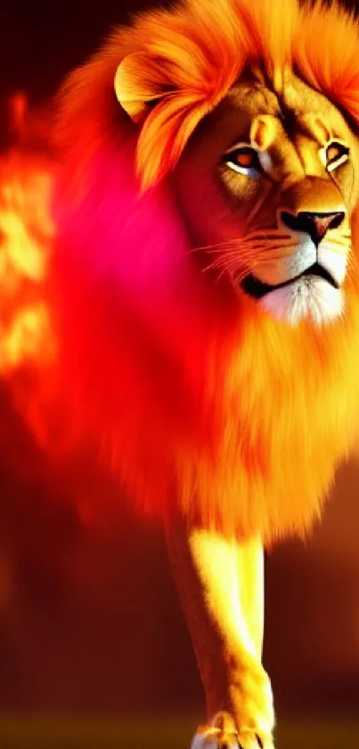 Vibrant orange lion with fiery mane on a mobile wallpaper.