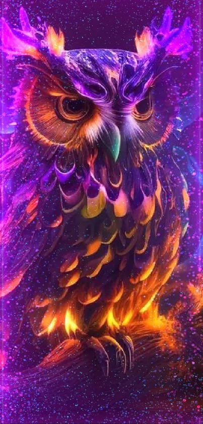 Vibrant fiery owl with neon colors on dark background.