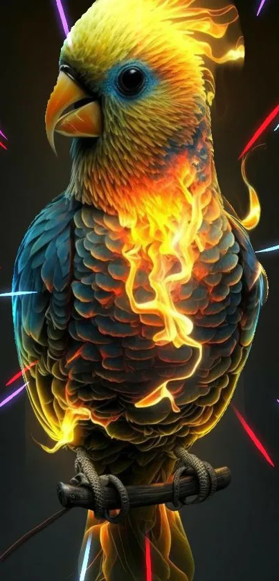 Fiery parrot with vibrant colors on a dark background.