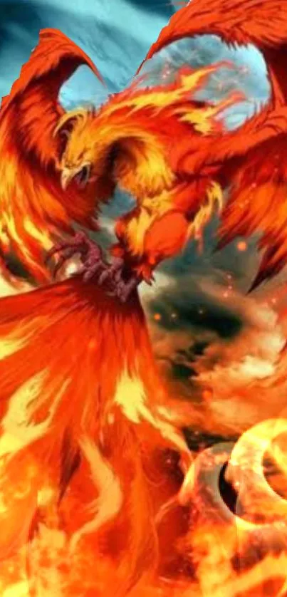 Fiery phoenix with vibrant orange flames soaring upwards.