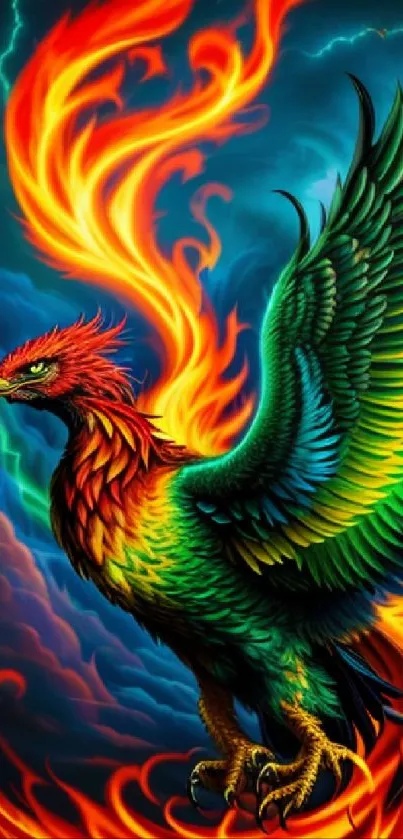 Colorful fiery phoenix soaring in blue flames.