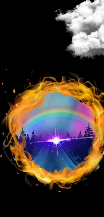 Mobile wallpaper with fiery ring and rainbow over a night landscape.