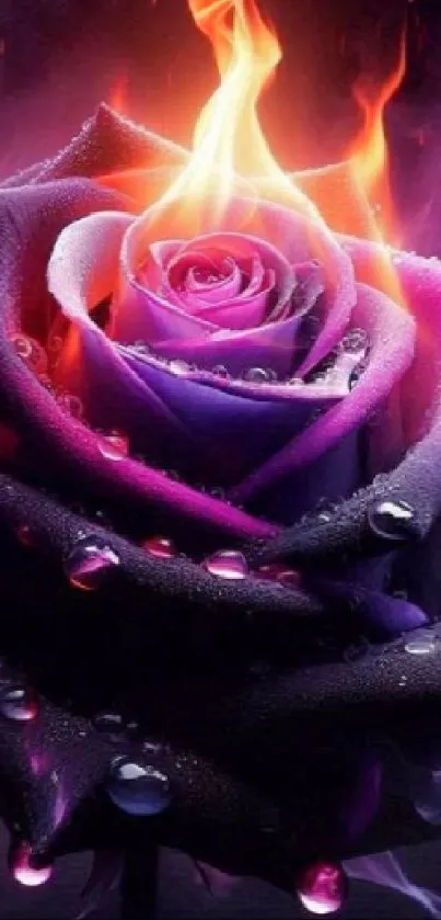 Purple rose with flames and droplets wallpaper.