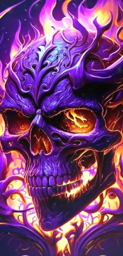 Vibrant and fiery skull wallpaper with purple and orange flames.